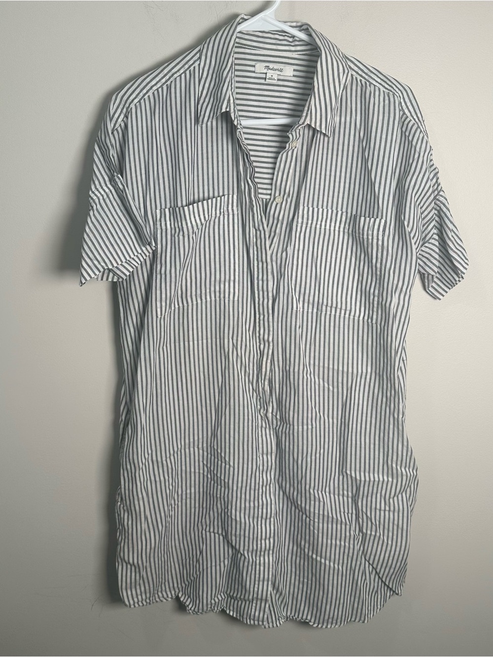 Madewell Blue Stripe Short Sleeve Button Mini Shirt Dress With Pockets Sz Med